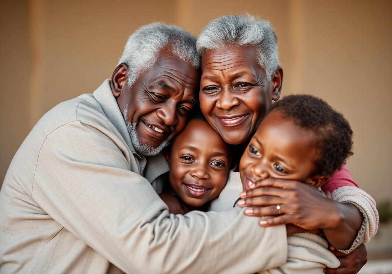 Black African grandparents embracing their grandchildren